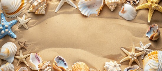Poster - Seashells and starfish border on sandy summer background with ample copy space image.