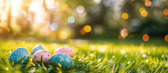 Aufkleber - Spring holidays concept with Easter eggs resting on fresh green grass, presenting a picturesque scene with copy space image.