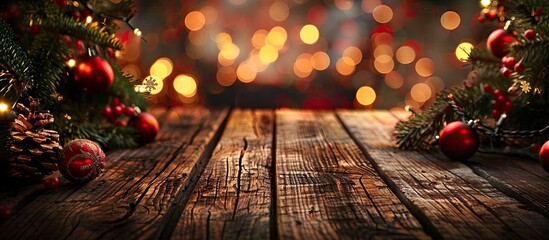 Poster - Rustic festive background with a dark wooden table, lit Christmas tree, and bokeh lights, perfect for product displays with copy space image.