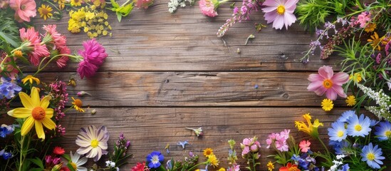 Aufkleber - An enchanting frame crafted from colorful flowers against a rustic wooden backdrop, ideal for a copy space image.