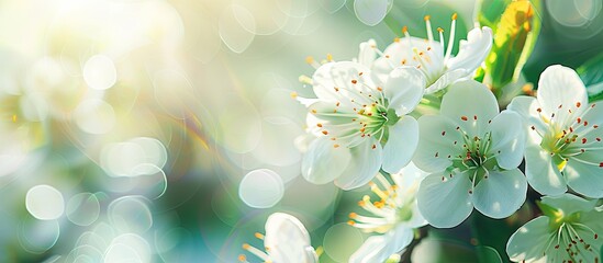 Aufkleber - Panoramic view of blooming white plum flowers in a garden during spring, suitable for a web banner with copy space image.