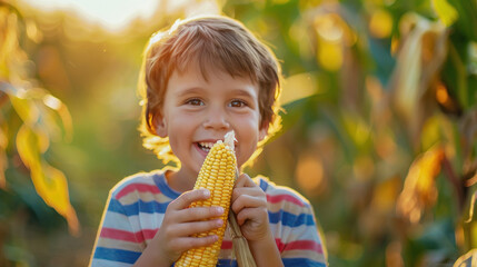 Wall Mural - cute kid eating corn at farm