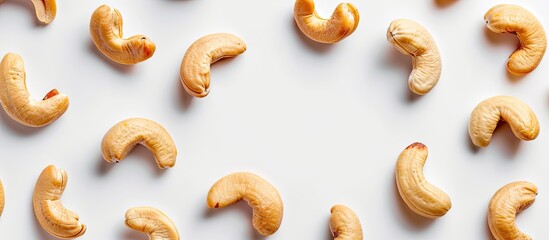 Poster - White background showcasing a pattern made of peanuts and cashews with copy space image.