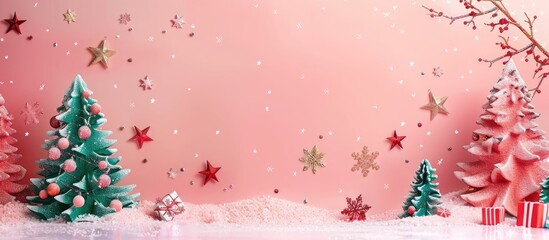 Wall Mural - Winter Holiday themed gift card featuring a pink background with Christmas elements like trees, stars, snowflakes, and holiday lettering, perfect for Xmas with space for text in the image