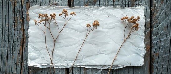 Poster - A white sheet of paper on a rustic wooden backdrop adorned with three dried flowers, suitable for a postcard with a loft vibe, featuring copy space image.