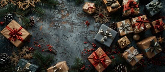 Aufkleber - Stone background with numerous Christmas gifts creating a winter holidays concept in a top view copy space image.