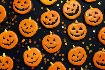 pattern of pumpkin-shaped cookies with smiling faces, arranged on black background with orange and gold foil confetti for Halloween decoration.