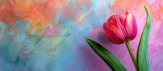 Aufkleber - A vibrant pink tulip blooms elegantly on a colorful backdrop, with ample copy space image.