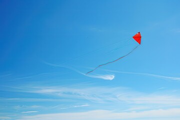 a red kite flying in a blue sky