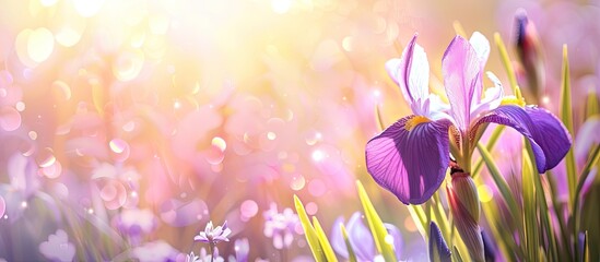 Aufkleber - Close-up image featuring a blooming Fleur-de-lis iris with purple petals in a spring meadow, providing a blurred background with copy space.