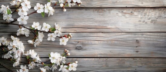 Poster - Wooden background with a lovely blossoming branch in the copy space image.