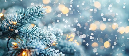 Aufkleber - Festive winter background with icy fir, sparkling lights, and bokeh, perfect for a copy space image.