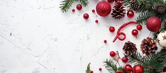 Poster - Festive holiday decorations with copy space image on a white backdrop for greeting cards.