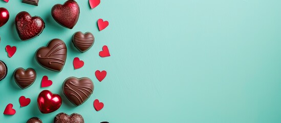 Wall Mural - Valentine's themed red and chocolate brown decorations on a mint-colored background serve as an ornamental border with ample copy space image for Valentine's Day.