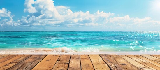 Aufkleber - A summer vacation-themed horizontal travel banner with a wooden tabletop as its main focus, featuring a serene beach and sea in the background for copy space image.