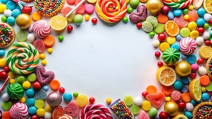 Wall Mural - Candy and sweets in copy-space background concept, big blank space. Place to adding text blank copy space. Jelly Candy Fun