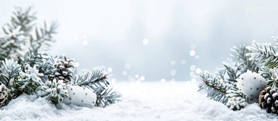 Poster - Snow-covered Christmas background on a white backdrop with available copy space image.