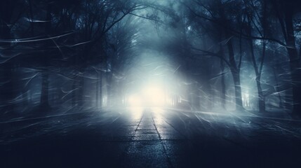 Forest road lit by moonlight, shrouded in fog.