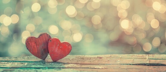 Aufkleber - Vintage-style image with two red handmade wooden hearts against a lovely bokeh backdrop, representing love on Valentine's Day, with a copy space image.