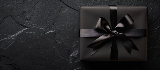 Poster - Gift box for Black Friday on black paper with silk ribbon, ideal for text placement as a flat lay image. copy space available