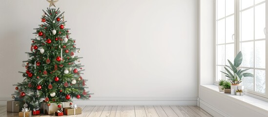 Wall Mural - Interior room with Christmas tree decoration on a white background with copy space image.