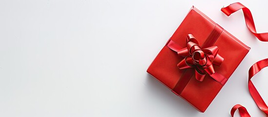 Poster - A stunning red gift box, with ribbon and bow, on a white backdrop, perfect for gifts on special occasions like birthdays, holidays with copy space image for New Year and Christmas.