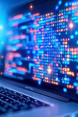 A laptop with glowing code on the screen on dark bokeh light background