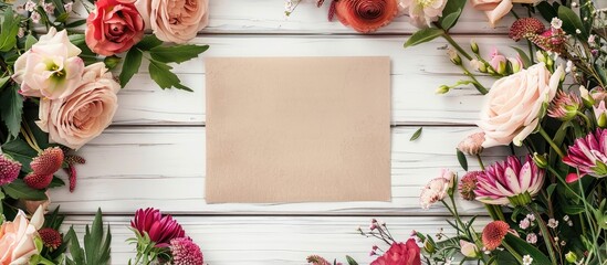Poster - Celebrate Mother's Day with a stunning arrangement of flowers and an empty card, elegantly displayed on a white wooden table in a visually appealing flat lay copy space image.