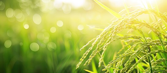 Poster - Rice field close-up with blurred background lighting, offering copy space image.