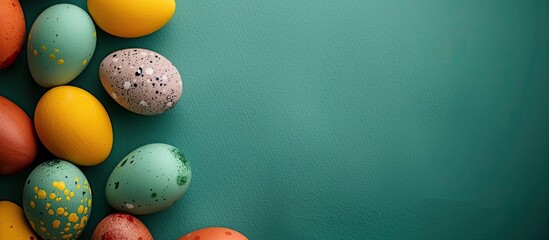 Poster - Stock photo of Easter eggs on a green background with space for text or graphics. copy space available