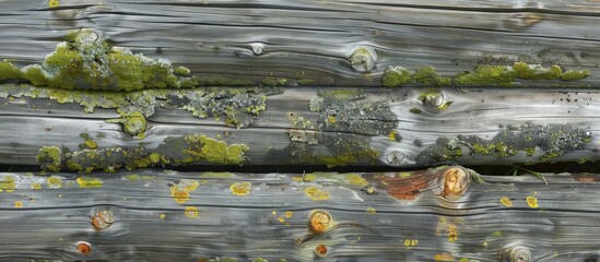 Aufkleber - Old weathered horizontal logs with knots and moss create a beautiful wooden background in a side view of an old wall, ideal for a copy space image.