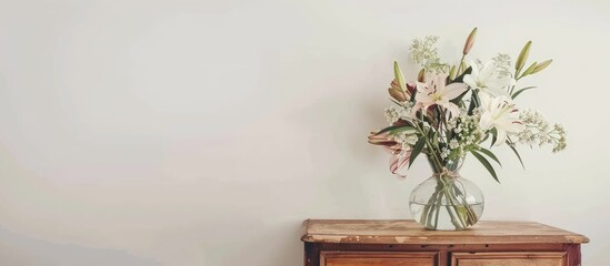 Aufkleber - Copy space image of a stunning lily bouquet in a vase on a chest of drawers beside a white wall.