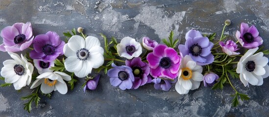 Aufkleber - An arrangement of anemones on a gray stone backdrop with white, purple, and violet blooms. Includes room for text or other elements in the image. copy space available