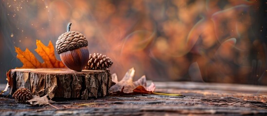 Canvas Print - Autumn-themed acorn decor displayed on a rustic wooden log with copy space image.