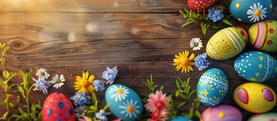 Poster - Easter-themed decorations like painted eggs and flowers on a wooden surface create a charming greeting card with a blank area for additional content, termed as copy space image.
