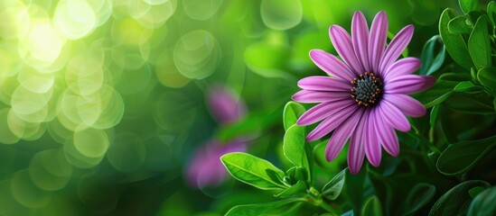 Leinwandbilder - Purple flower set against a vibrant green nature background, ideal as a copy space image for wallpapers or decorative backdrops with abstract plant textures and leaves.