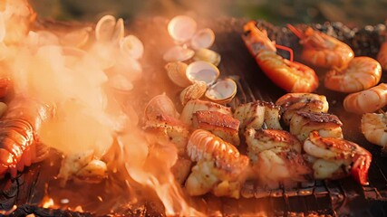 Poster - A variety of shellfish including shrimp clams and lobster sizzle on skewers above the fire.