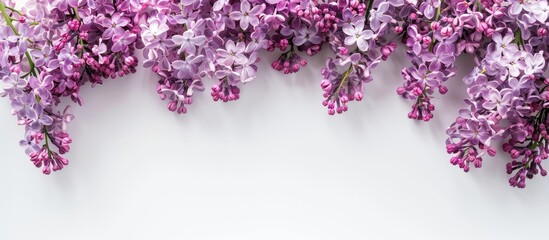 Poster - Top view of lovely lilac flowers on a white backdrop, with room for text in the copy space image.