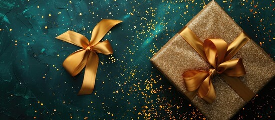 Poster - Christmas concept flat lay showing a brown gift box tied with a yellow satin ribbon bow, set on an emerald green background with gold glitter, providing copy space image.