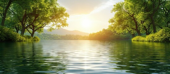 Wall Mural - Tranquil Lake with Lush Greenery and Golden Sunlight