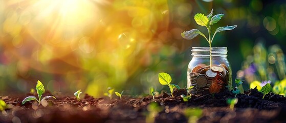 Conceptual Image of Financial Growth and Sustainability with a Young Plant Growing from a Jar of Coins in Fertile Soil Under Sunlight