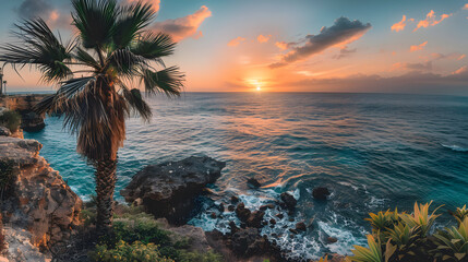 Wall Mural - A palm tree is on the beach next to the ocean