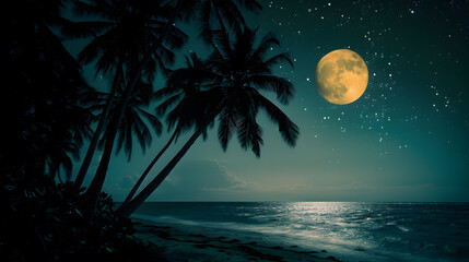 Wall Mural - A beautiful night sky with a full moon and a palm tree in the foreground