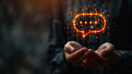 Man's hand holding an AI chat technology sign, symbolizing modern communication