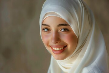 Radiating joy, a young woman dons a white hijab in a studio portrait, her smile reflecting warmth and grace.