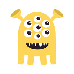 Wall Mural - Cute yellow monster standing. Happy Halloween. Monsters silhouette icon. Many eyes, smiling face, horns. Cartoon kawaii funny character. Childish style. Flat design. Isolated. White background. Vector