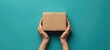 © Lerson - Hands holding a small cardboard box with a shipping label, Cardboard boxes package delivery, concept secure packaging