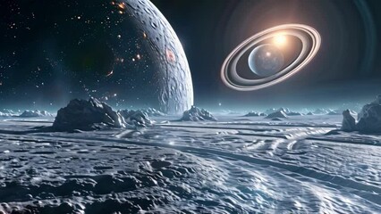 Wall Mural - This view of a distant planet with a ringed gas giant in the sky.