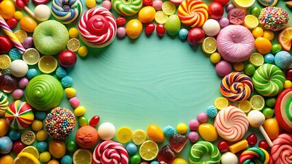 Wall Mural - Candy and sweets in copy-space background concept, big blank space. Place to adding text blank copy space. Sugar-Coated Candy Gems