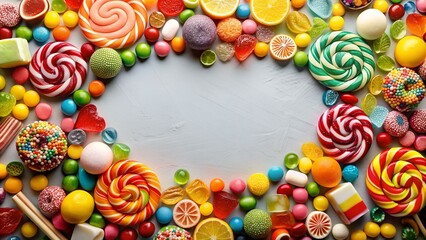 Wall Mural - Candy and sweets in copy-space background concept, big blank space. Place to adding text blank copy space. Fruit Chews Extravaganza